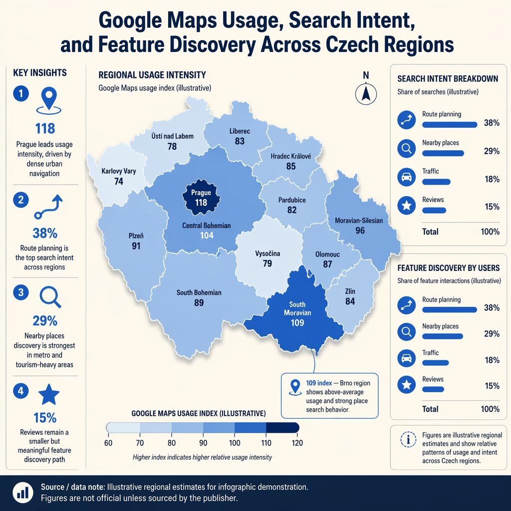 Infografika s choropleth mapou Česka v modrém gradientu, legendou využití Mapy Google a panely pro trasování, místa, dopravu a recenze.