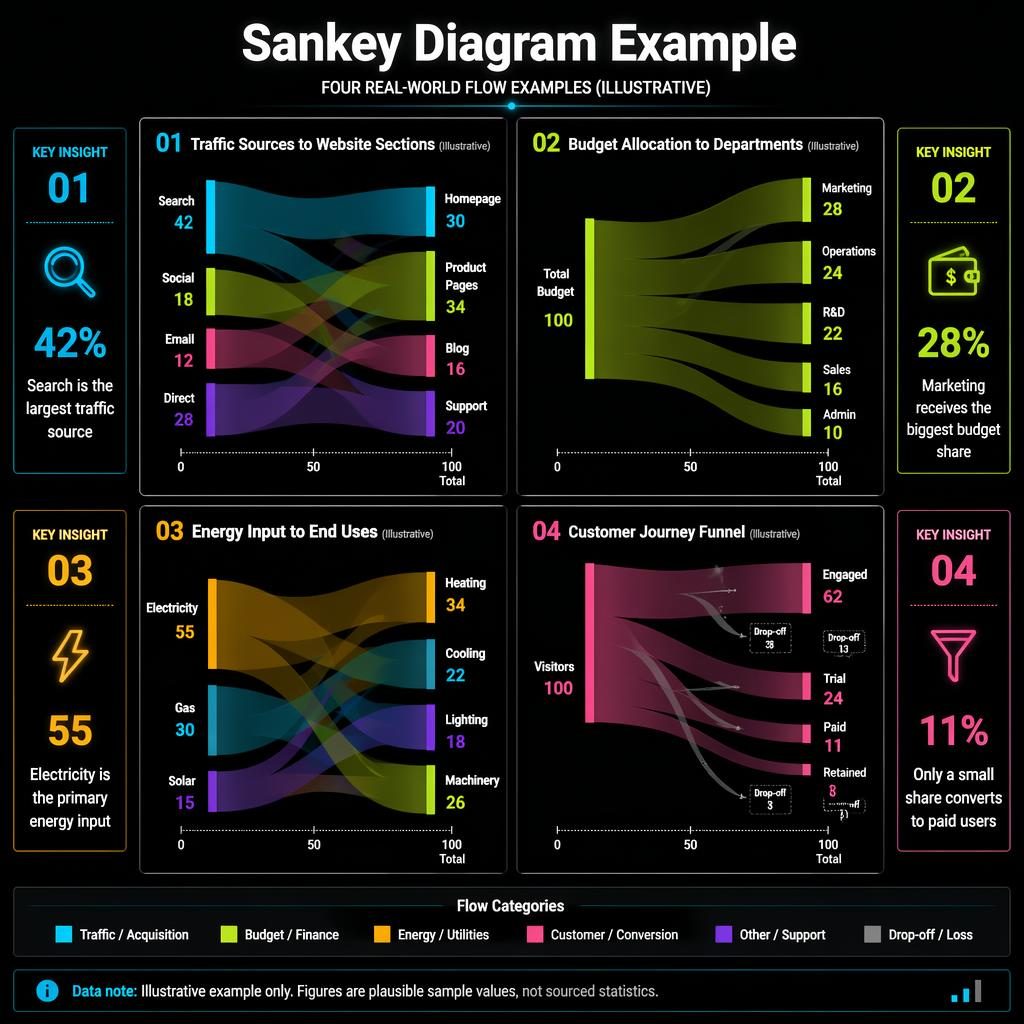 Dark neon infographic with 4 Sankey diagram panels, labels, values, legend, and insight callouts in an editorial grid.