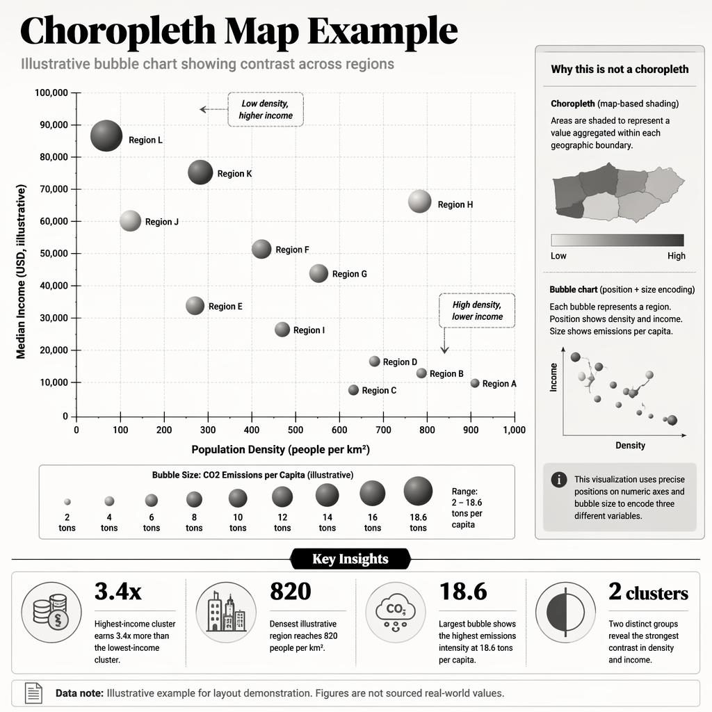 Monochrome editorial infographic with a pseudo-3D bubble chart, labeled regions, key insights, and a mini-panel on why it is not a choropleth.
