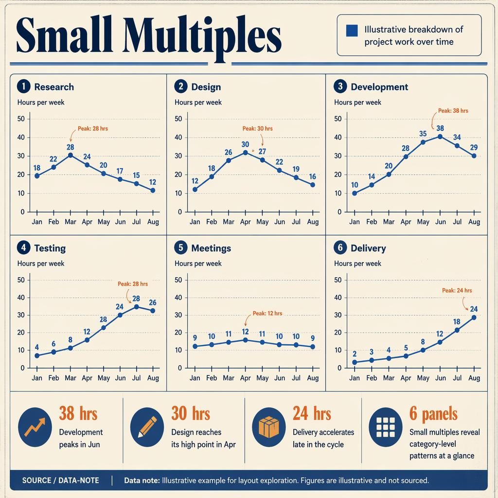 Retro editorial infographic with 6 small-multiple line charts showing project work hours per week from Jan to Aug.