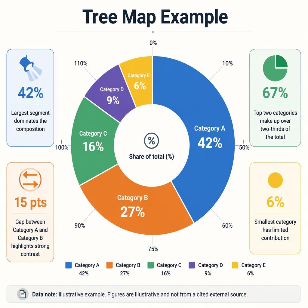 Donut chart infographic titled Tree Map Example with five categories, percentages, legend, four insight callouts, and footer note.