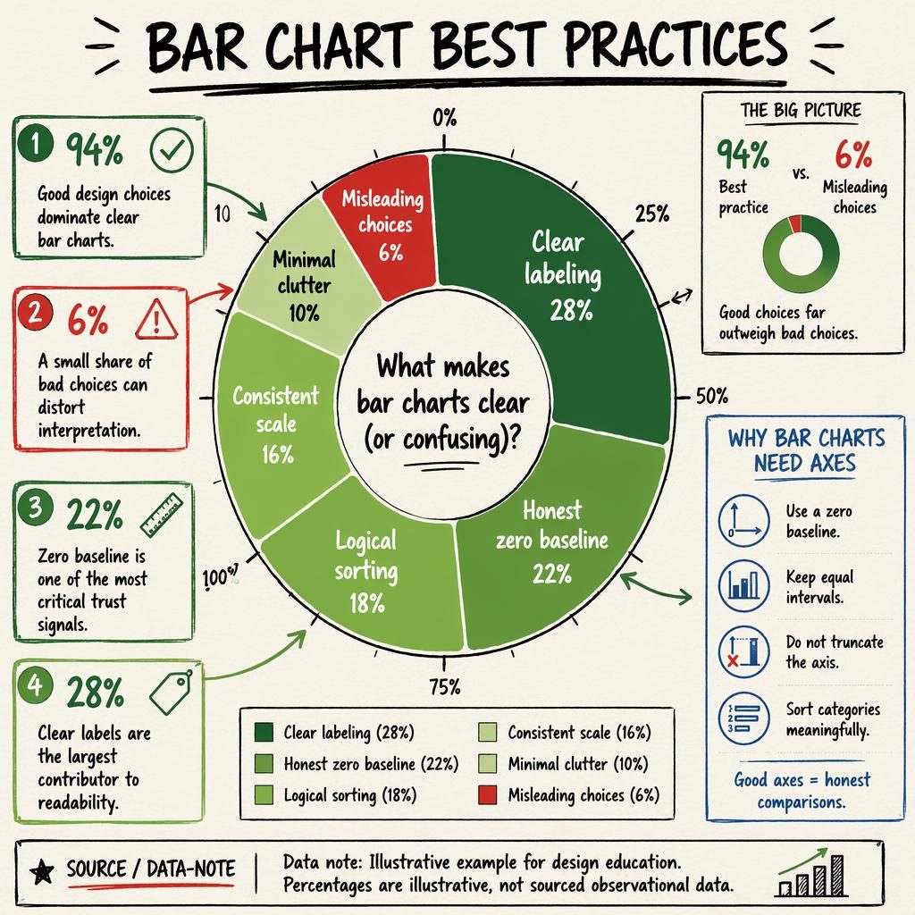 Sketchnote-style donut infographic on bar chart best practices with labeled percentages, callouts, legend, and data note.