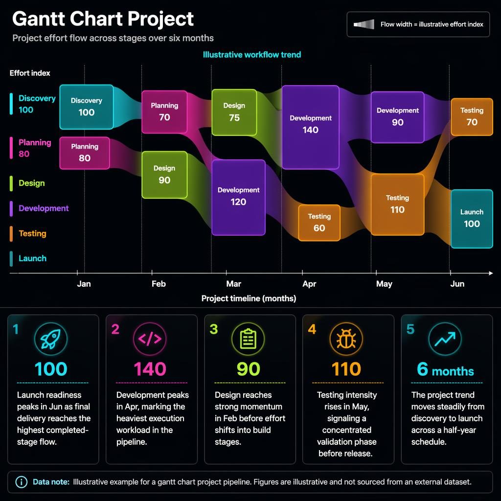 Dark mode neon Sankey flow infographic of a Gantt chart project timeline from Jan to Jun with stages Discovery to Launch.