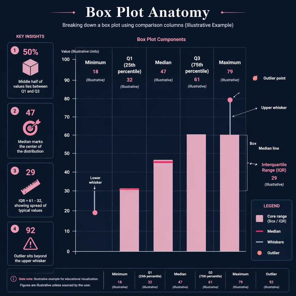 Dark dashboard infographic showing Box Plot Anatomy with minimum, Q1, median, Q3, maximum, IQR overlay, whiskers, and outlier.