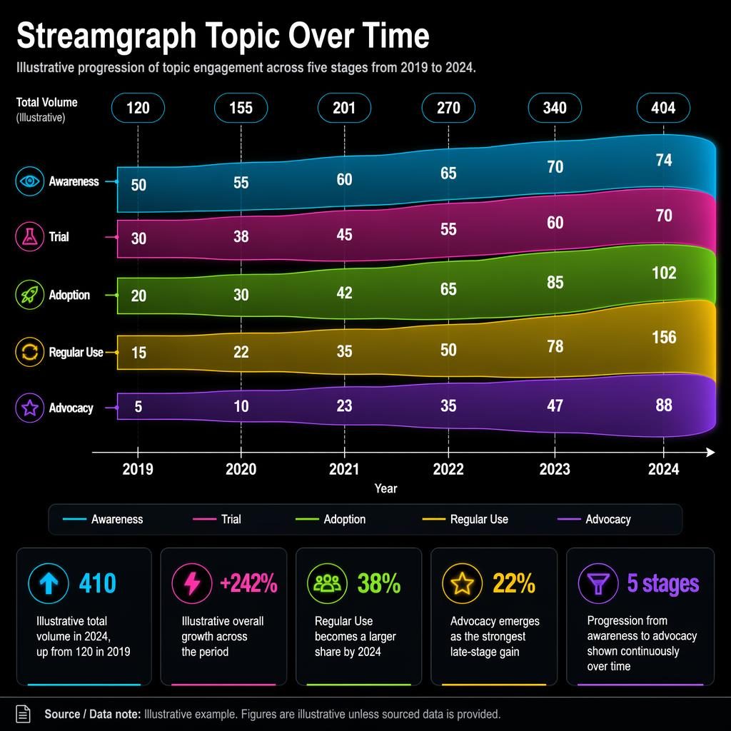 Dark neon sankey streamgraph infographic showing topic flow from 2019 to 2024 with five labeled stages and insight callouts.