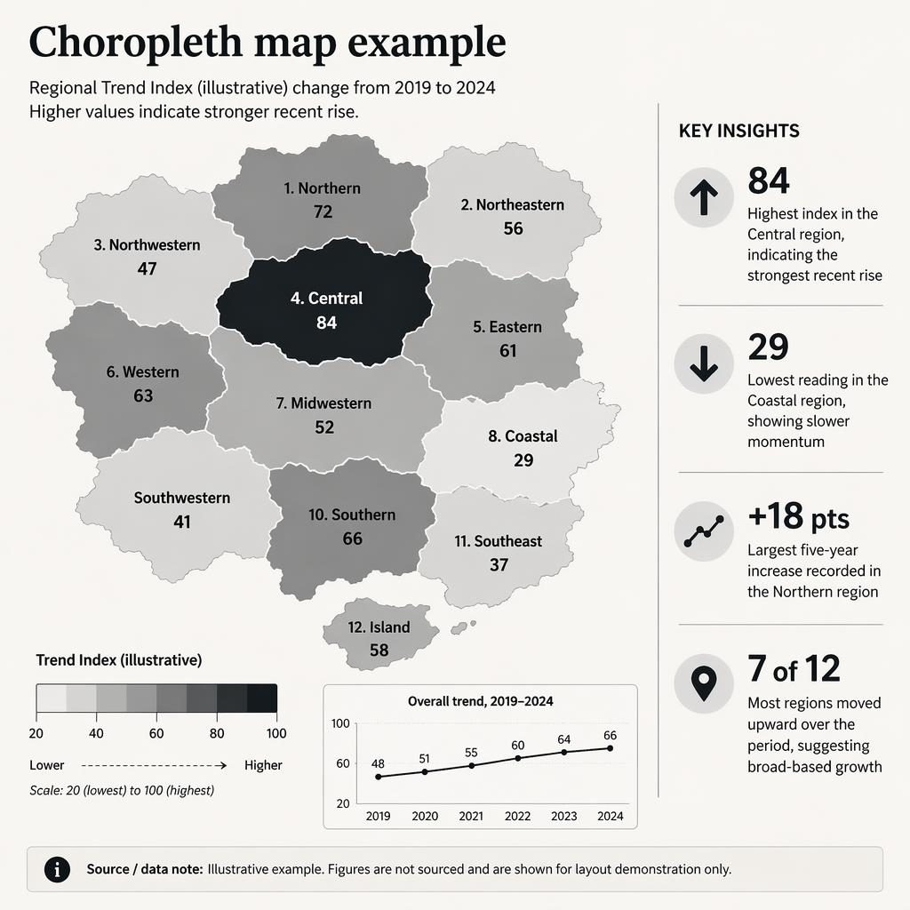 Monochrome choropleth map infographic with 12 labeled regions, legend, trend line, and four insight callouts on off-white.