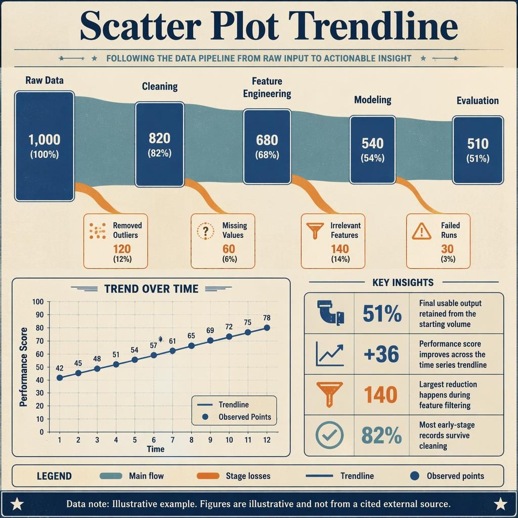 Retro infographic with sankey pipeline stages, losses, and a scatter plot trendline inset showing time series progress.