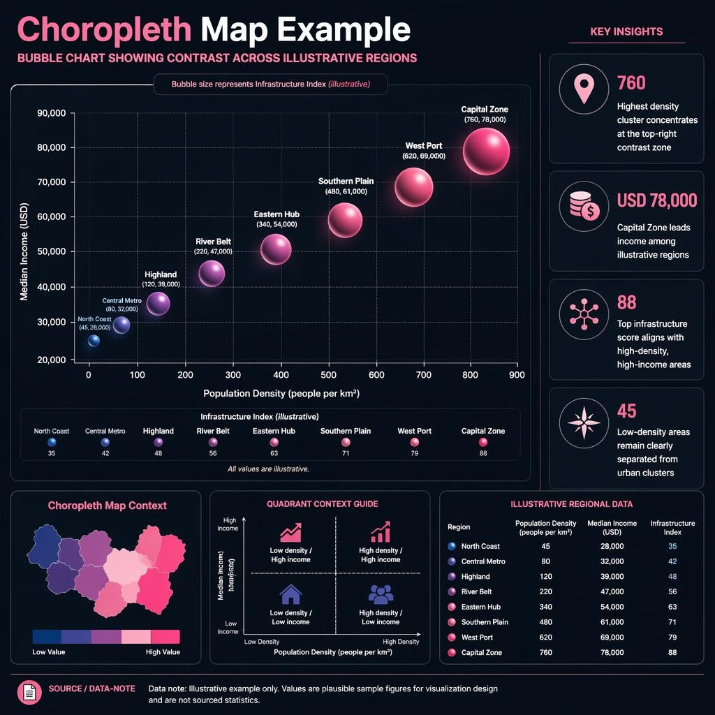 Dark infographic with a dominant bubble chart, mini choropleth inset, English labels, legend, axes, and 4 insight callouts.