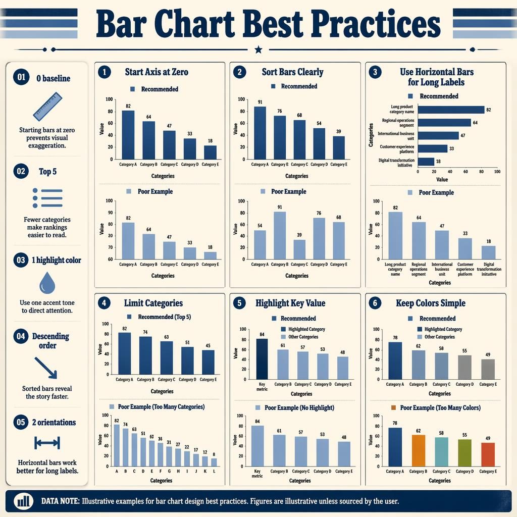 Retro-style rawgraphs infographic with a 2x3 grid of mini bar charts comparing bar chart best practices and poor examples.