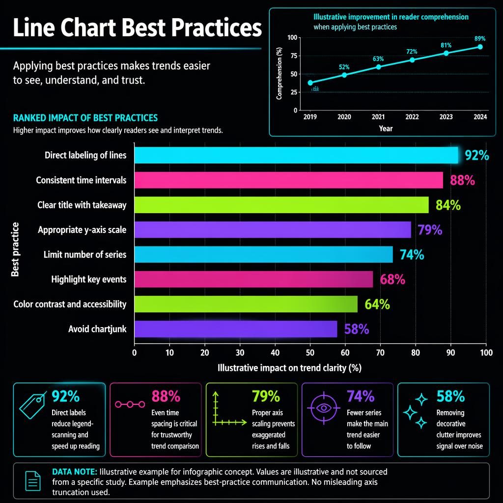 Dark mode ranked bar chart infographic on line chart best practices with trend line inset, insight callouts, and source note.