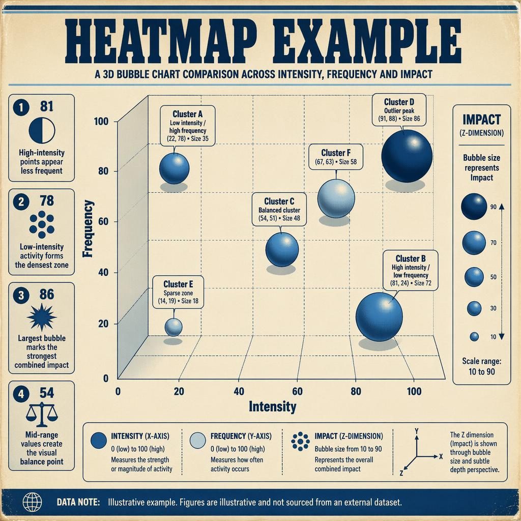 Retro 3D bubble chart infographic with English axes, impact legend, cluster labels, and four insight callouts in blue cream.