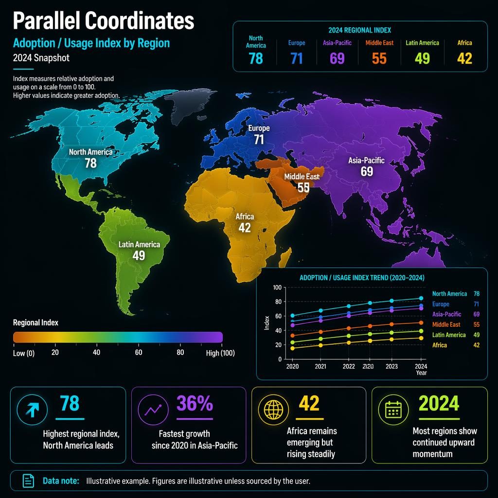 Dark neon infographic with world choropleth map, regional index legend, 2020–2024 trend inset, and four insight callouts.