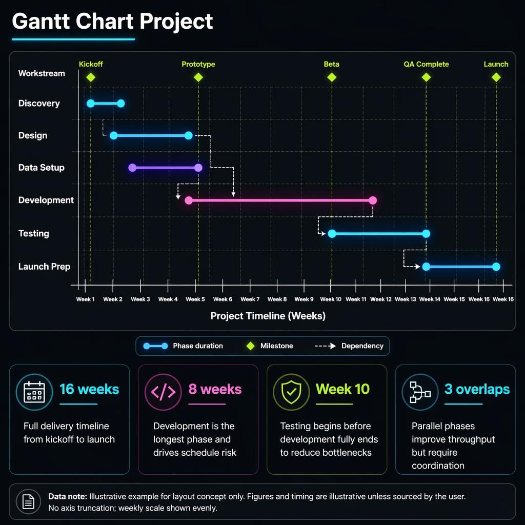 Dark-mode gantt infographic with neon timeline bands, milestones, dependencies, and 16-week workstream schedule.