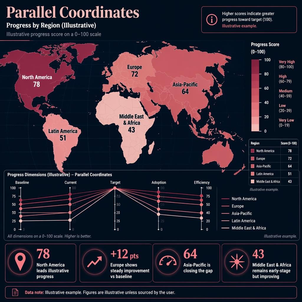 Dark dashboard infographic with world choropleth map, progress legend, regional values, and a small parallel coordinates panel.