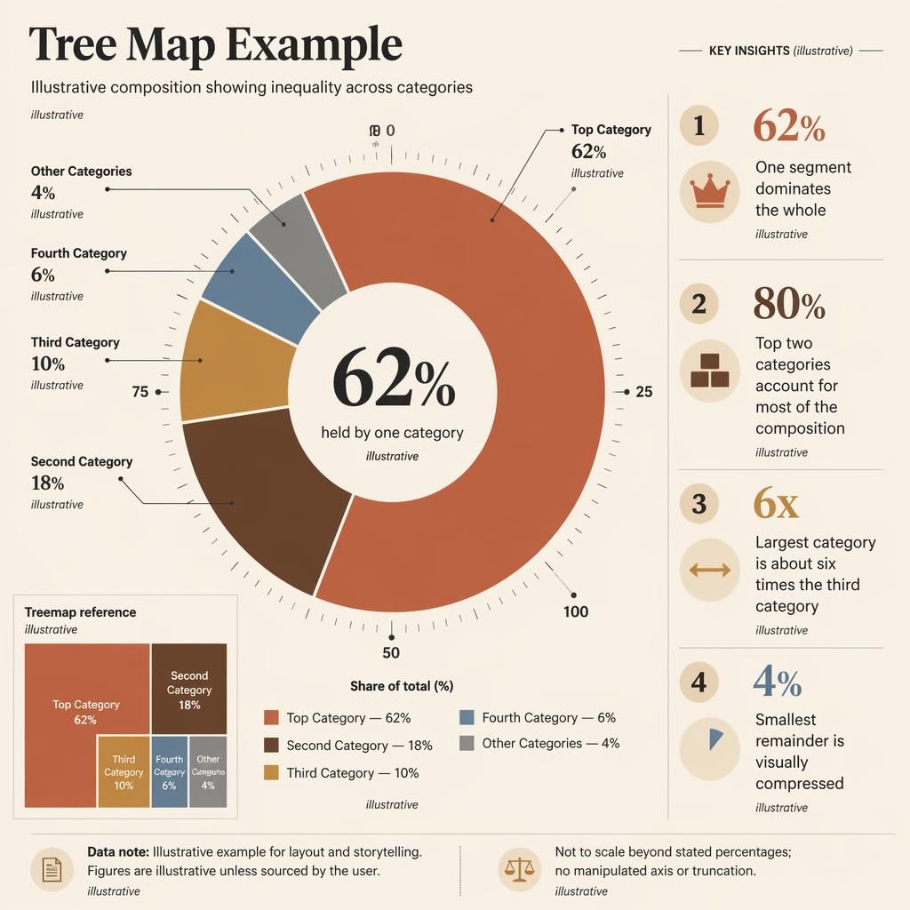 Editorial beige infographic with a large donut chart showing unequal category shares, labels, callouts, ticks, and treemap inset.