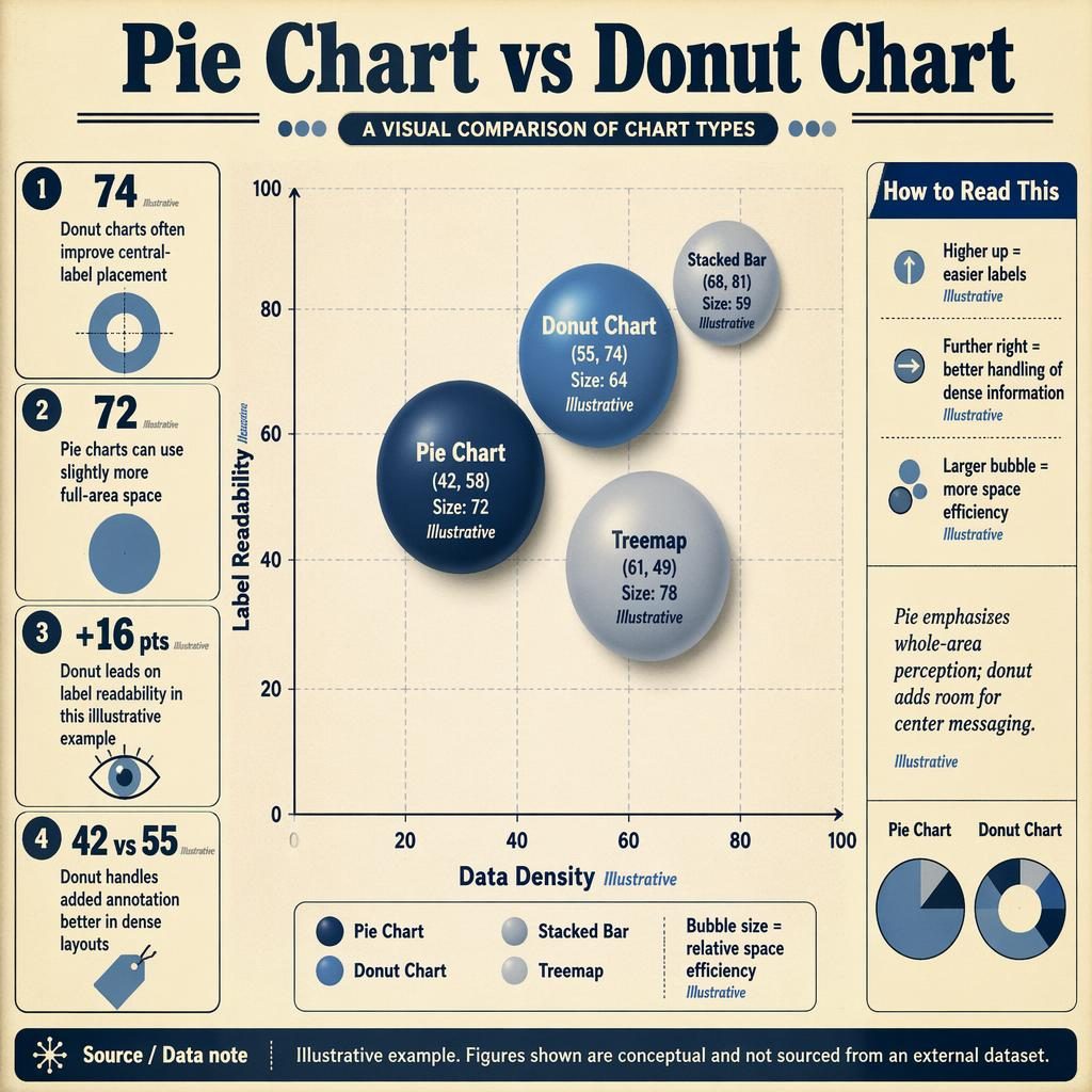 3D-Bubble-Chart-Infografik zum Vergleich von Pie Chart und Donut Chart im Retro-Editorial-Stil mit Achsen, Legende und Callouts.