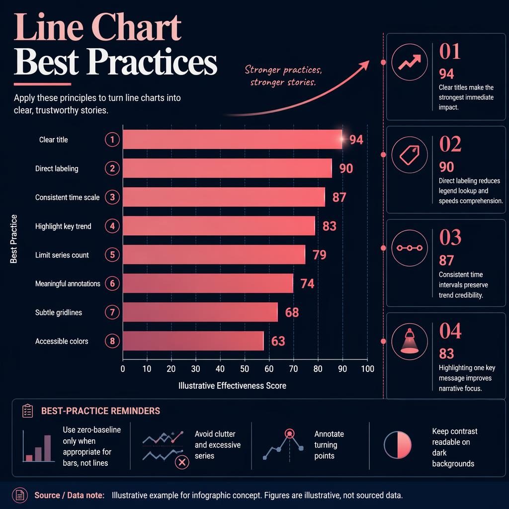 Dark dashboard infographic with a ranked bar chart on line chart best practices, FT pink and navy palette, callouts and notes.