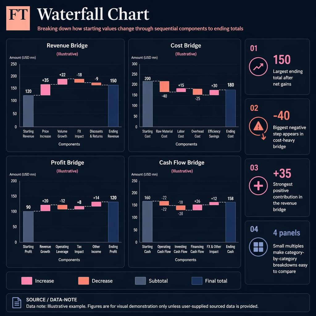 Dark dashboard infographic with a 2x2 grid of waterfall charts, legend, insight callouts, and illustrative USD mn labels.
