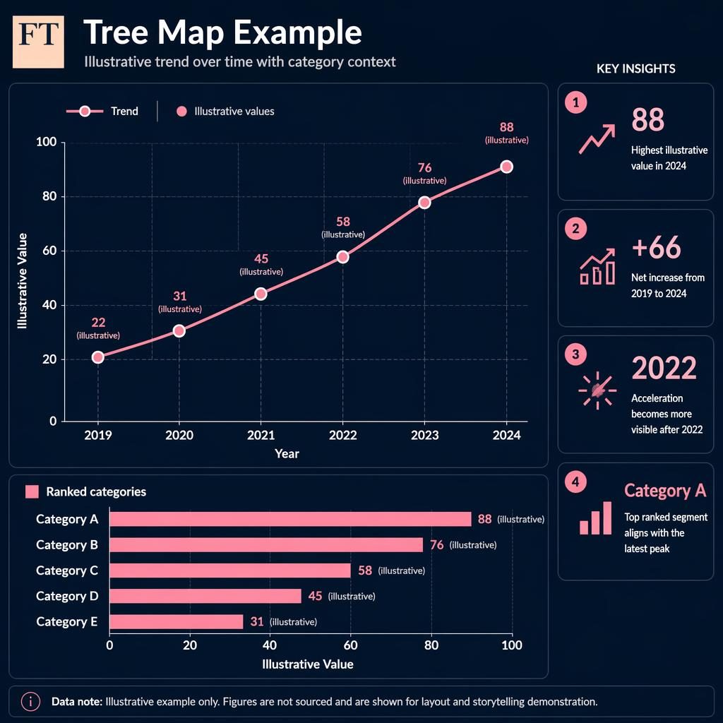 Infografía de dashboard oscuro con línea de tendencia central, barras laterales, métricas destacadas y paleta rosa FT y azul marino.
