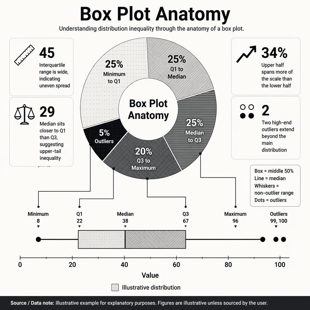 Monochrome infographic with a donut chart linked to a box plot, explaining box plot anatomy, skew, outliers, and inequality.