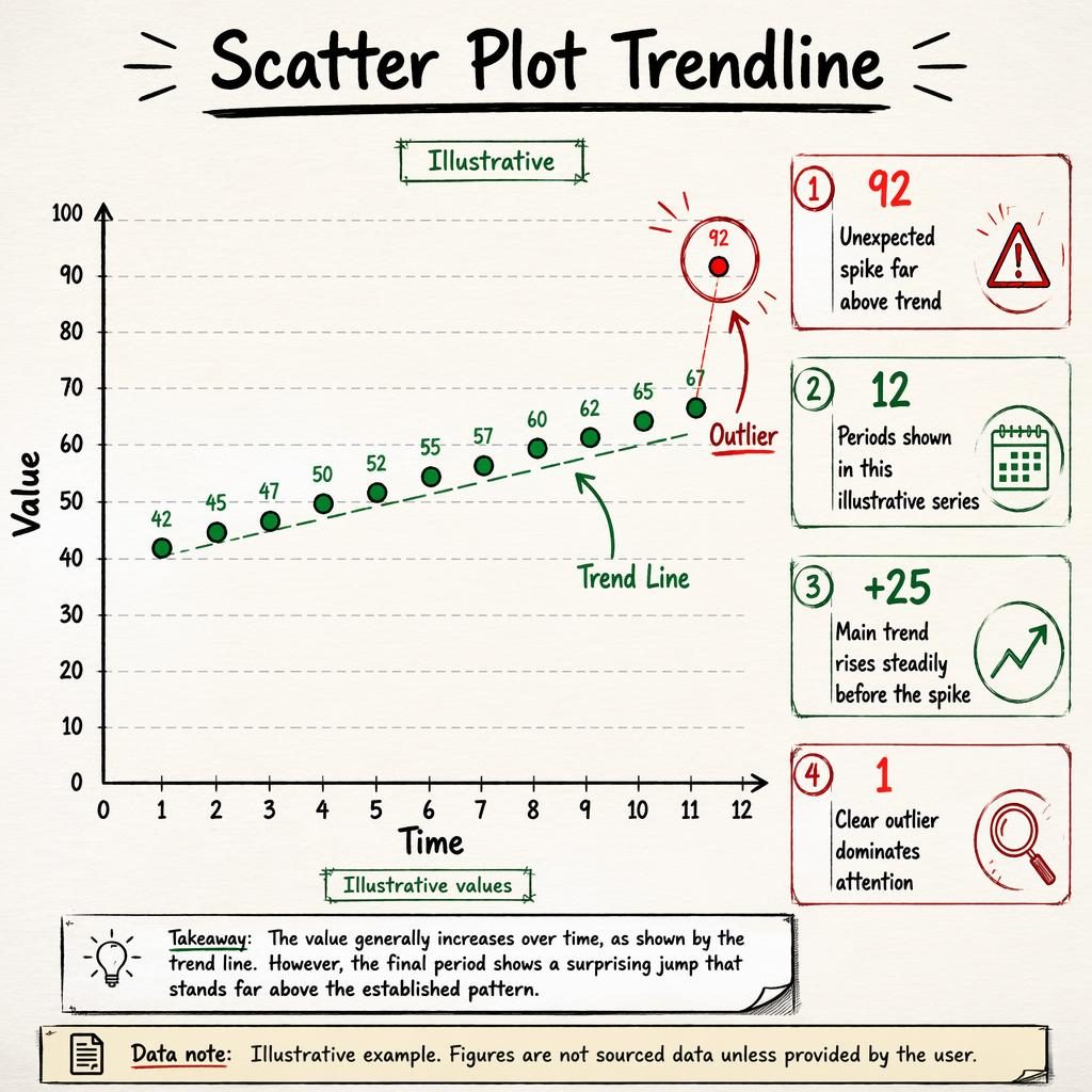 Hand-drawn scatter plot infographic with green trend line, red outlier at 92, four insight callouts, and English labels.