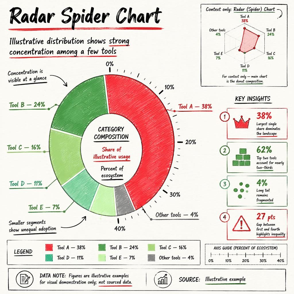 Hand-annotated donut infographic on open source visualization tools with uneven shares, callouts, legend, ticks, and notes.
