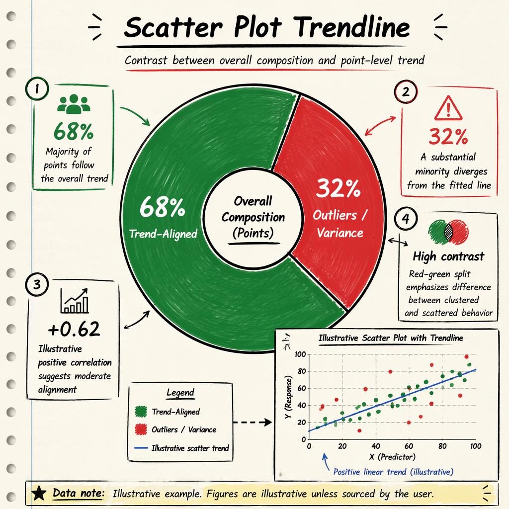 Hand-drawn infographic with a central red-green donut chart, inset scatter plot trendline, English labels, callouts, legend, and source note.