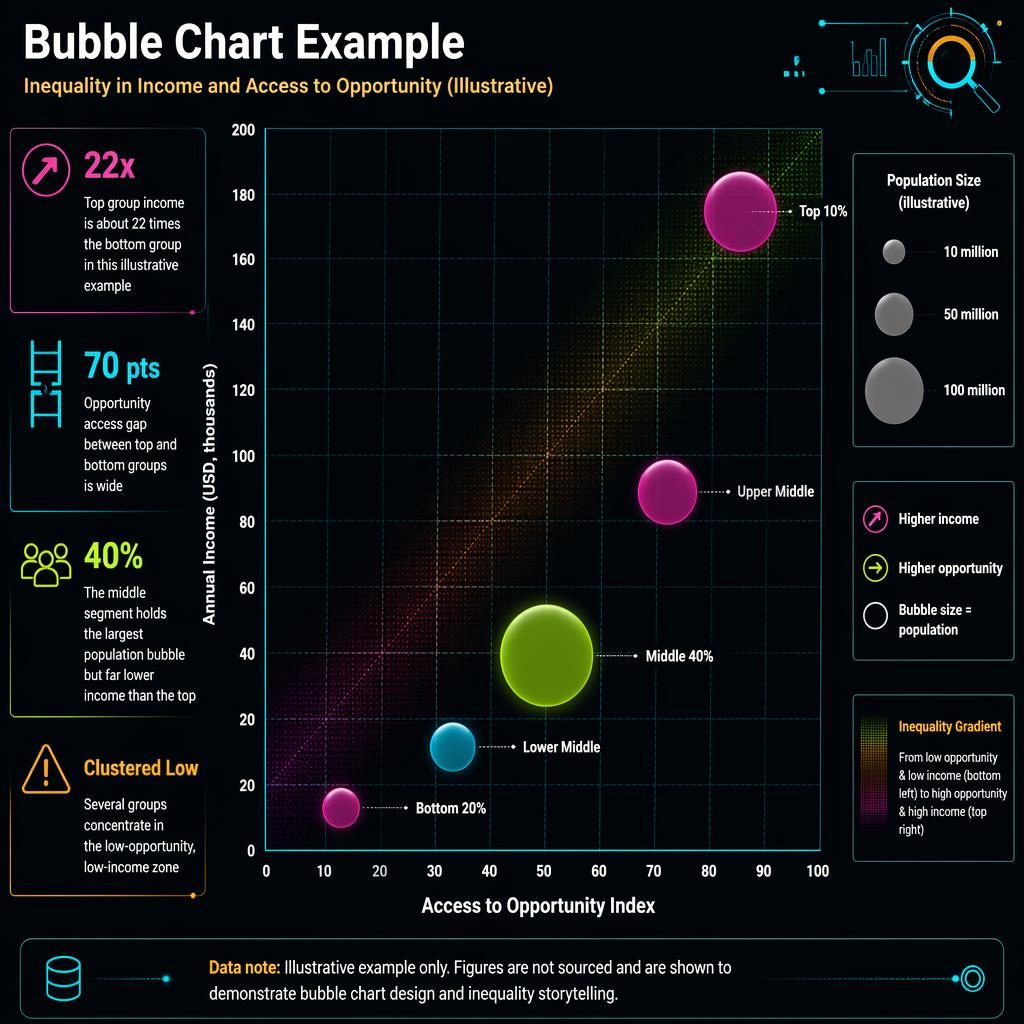 Dark neon bubble chart infographic showing inequality by income, opportunity, and population with labeled group bubbles.
