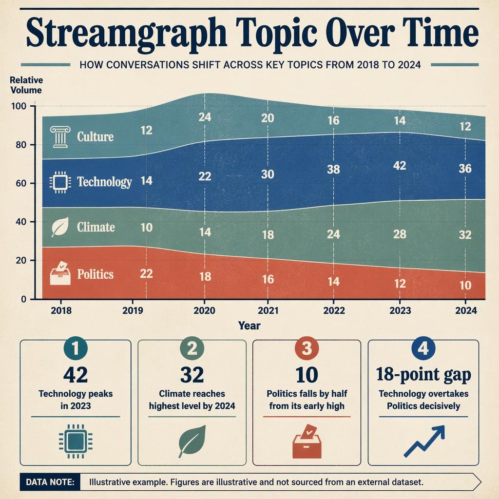 Retro-style streamgraph infographic showing topic volume from 2018 to 2024 with callouts for technology, climate, politics, and culture.