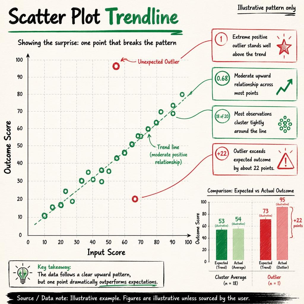 Hand-drawn bubble scatter plot infographic with trendline, red outliers, callouts, and mini comparison columns.
