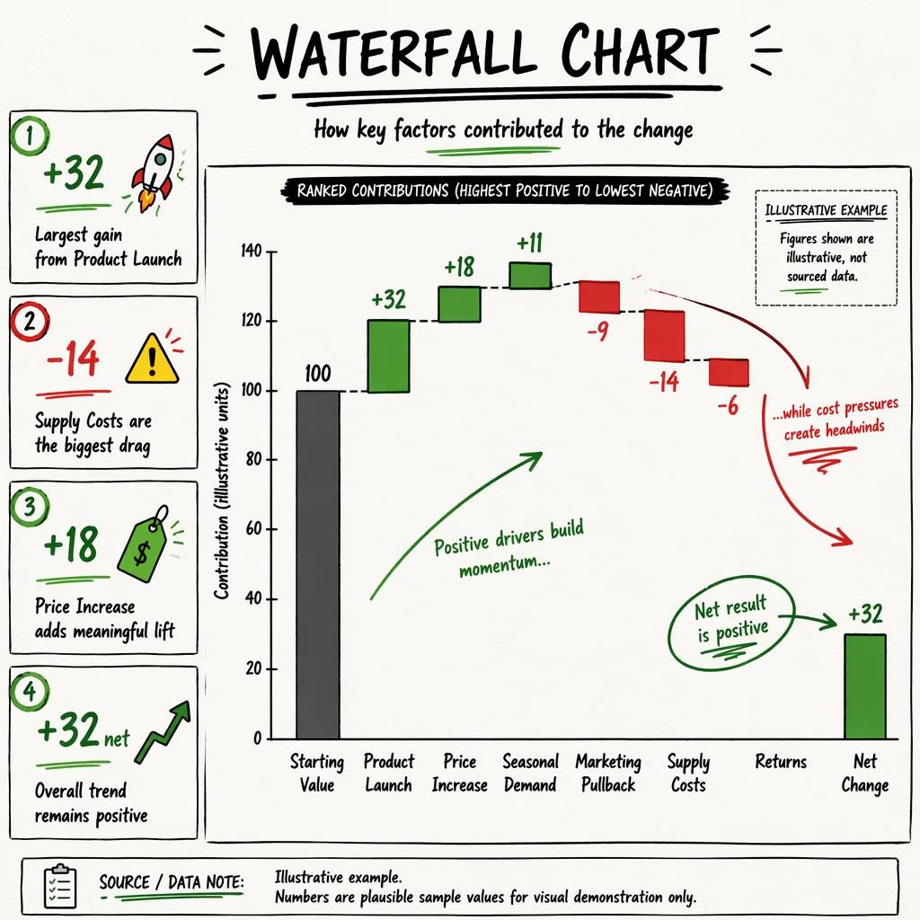 Hand-drawn waterfall chart infographic with ranked green and red bars, English labels, callouts, arrows, and illustrative data notes.