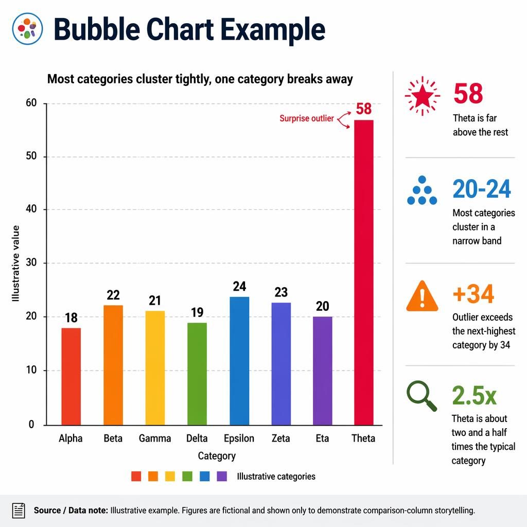 Editorial comparison column chart with 8 categories, rainbow bars, and Theta as a clear outlier at 58.