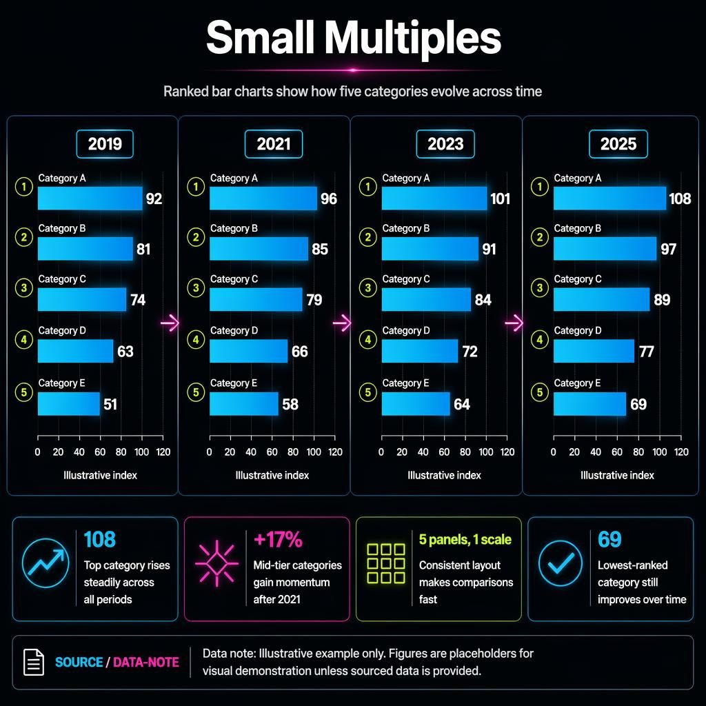 Dark-mode infographic with 4 ranked bar chart panels for 2019, 2021, 2023, 2025 showing 5 categories on one scale.