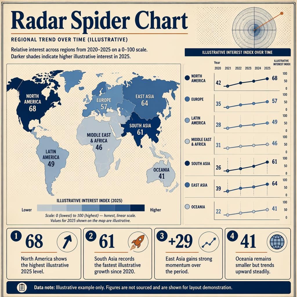 Retro blue and cream choropleth world map infographic with regional trend lines, 2020-2025 axes, labels, and insight callouts.