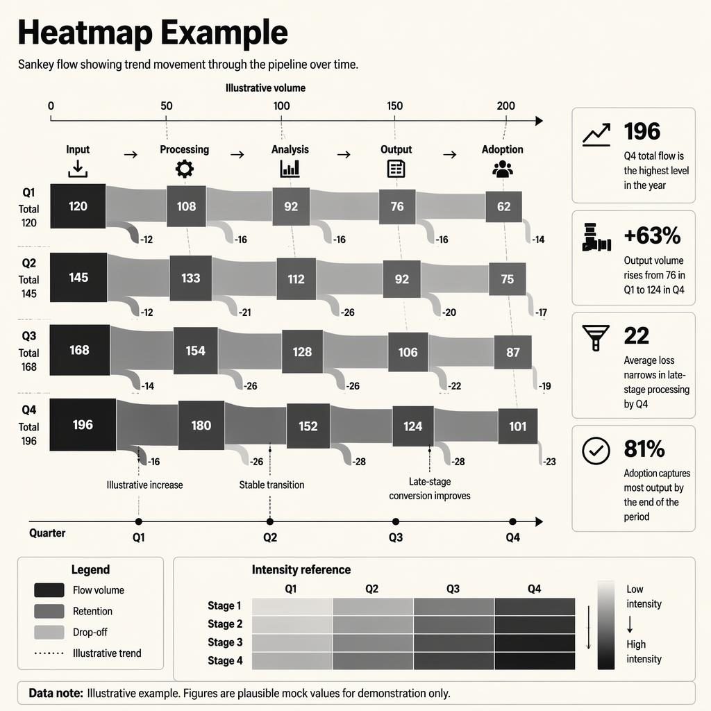 Monochrome editorial infographic with a left-to-right Sankey flow, Q1 to Q4 labels, insight callouts, and mini heatmap panel.