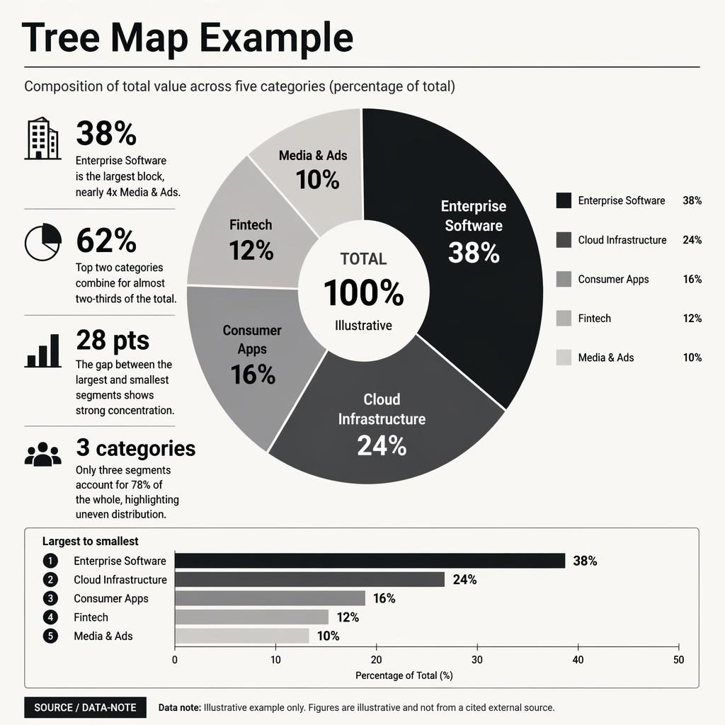 Editorial donut-style category infographic with five segments, callouts, ranked bars, legend, and data note.