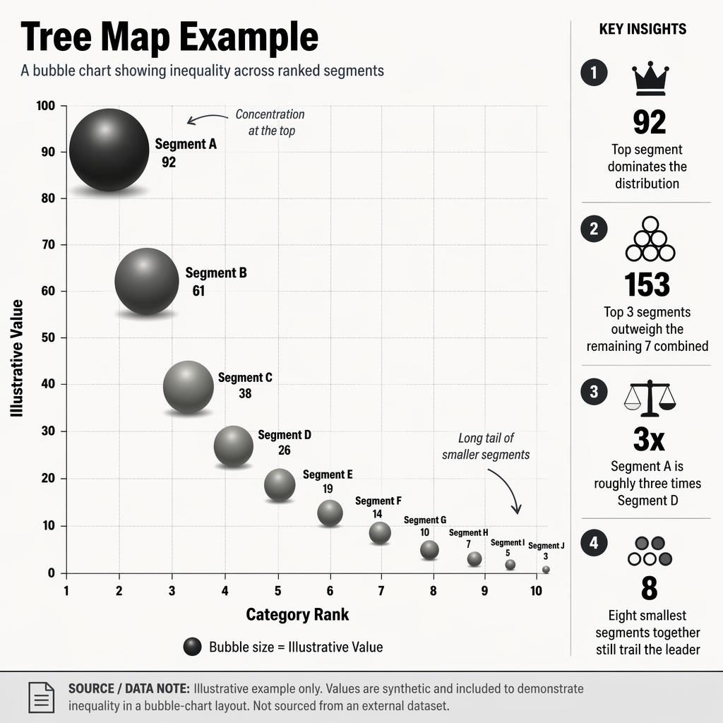 Monochrome editorial bubble chart infographic with 10 labeled segments, axes, legend, callouts, and source note.