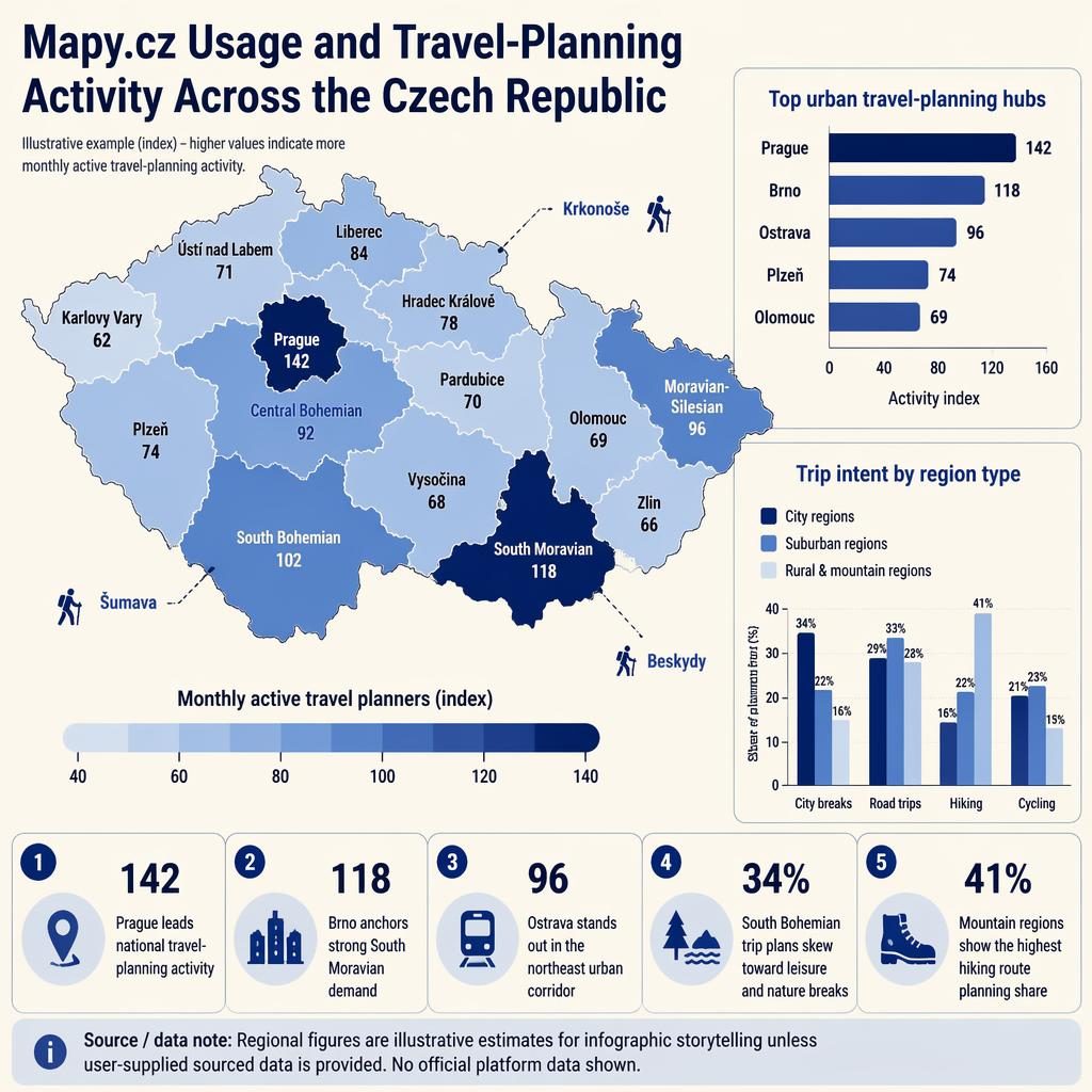 Infografika s choropleth mapou Česka, modrou škálou aktivit mapy cz, legendou, mini grafy a 5 datovými callouty.