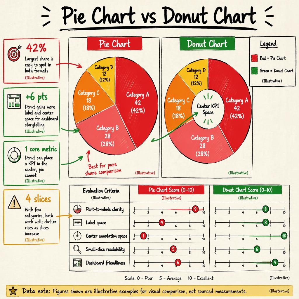 Hand-drawn infographic comparing pie chart and donut chart side by side with scores, callouts, legend, and notes.