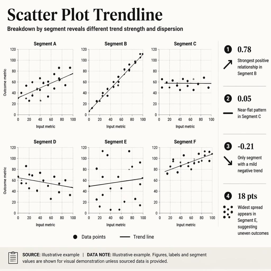 Monochrome infographic with a 2x3 grid of scatter plots, trend lines, legend, insight callouts, and data note strip.