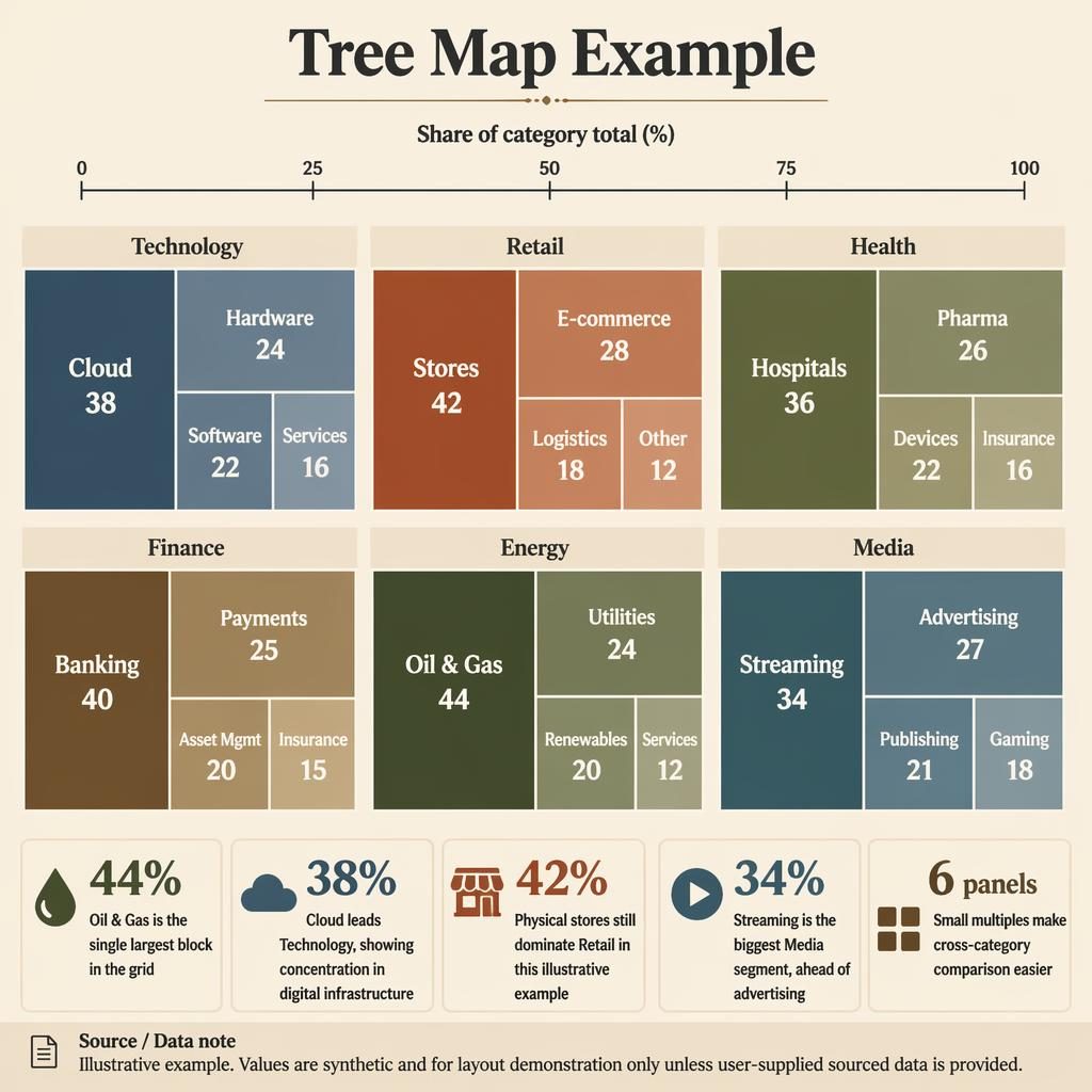Editorial infographic with six treemap panels for Technology, Retail, Health, Finance, Energy, and Media plus callouts.
