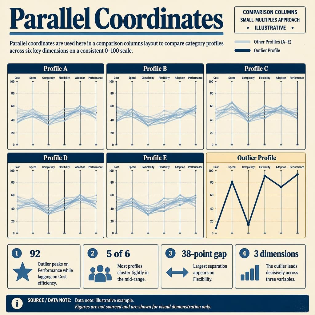 Retro blue-and-cream infographic with a 3x2 grid of parallel coordinates mini-charts and one highlighted outlier panel.
