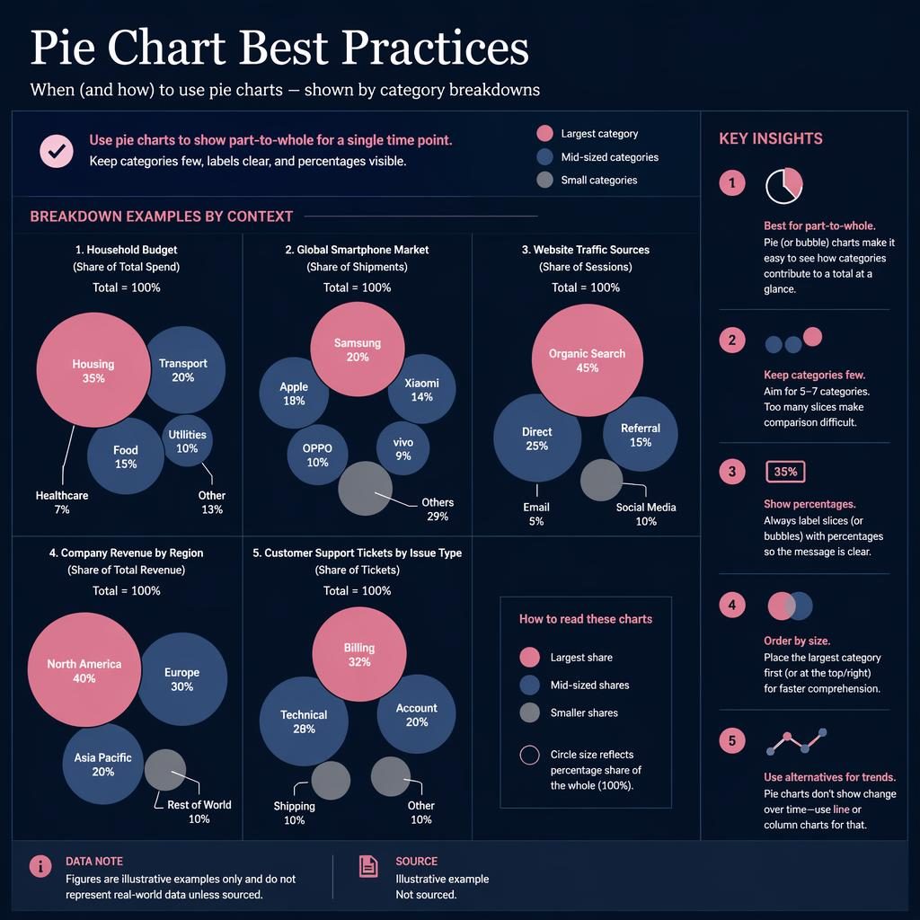Dark dashboard-style bubble chart small-multiples grid in pink and navy with axis labels, callouts, and illustrative note strip.