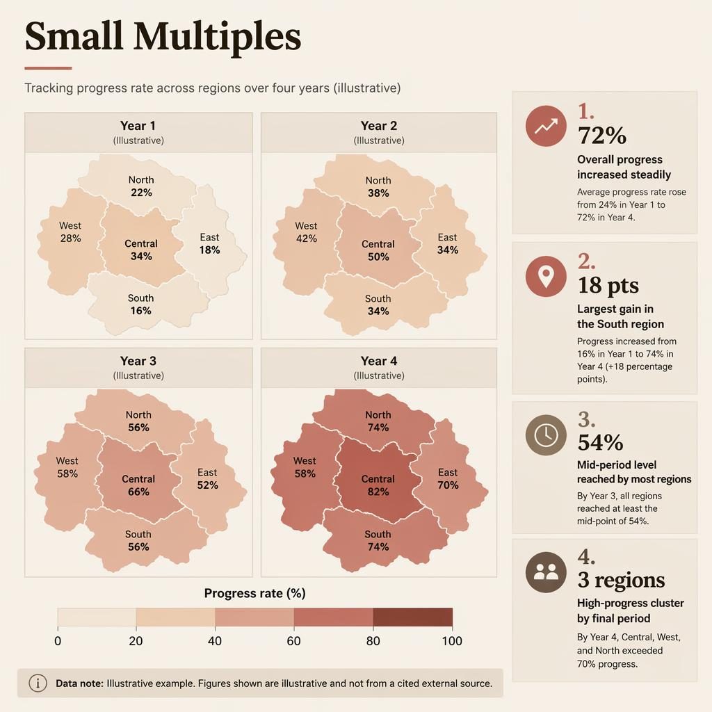 Small-multiples choropleth infographic with four regional map panels, progress legend, and English callout metrics.