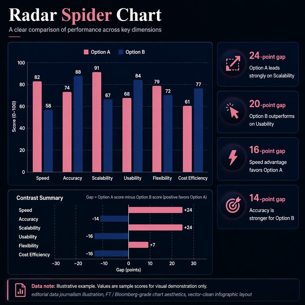 Dark dashboard infographic with side-by-side comparison columns for 6 categories, Option A vs Option B, plus insight callouts.