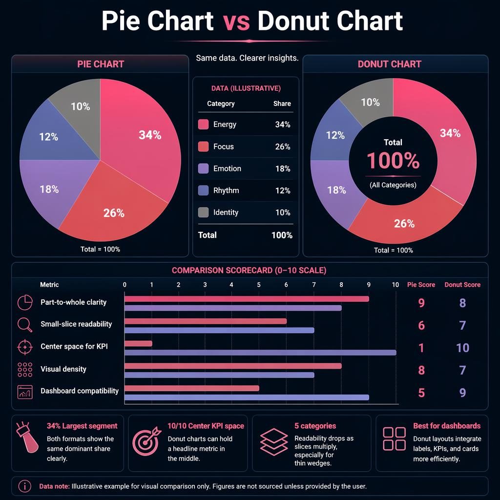 Dark dashboard infographic comparing a pie chart and donut chart with category scores, KPI center, and insight callouts.