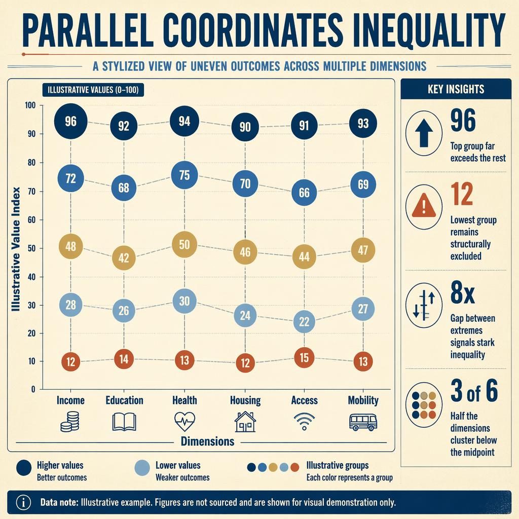 Editorial retro bubble chart infographic on inequality across six dimensions, with values from 12 to 96 and callout insights.