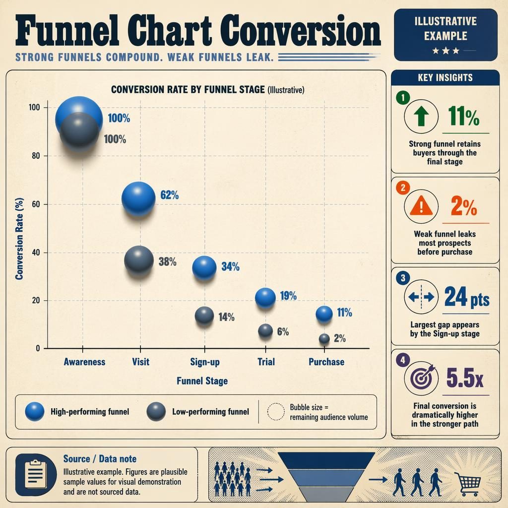 Retro editorial bubble chart infographic comparing high- and low-performing conversion funnels across five stages.