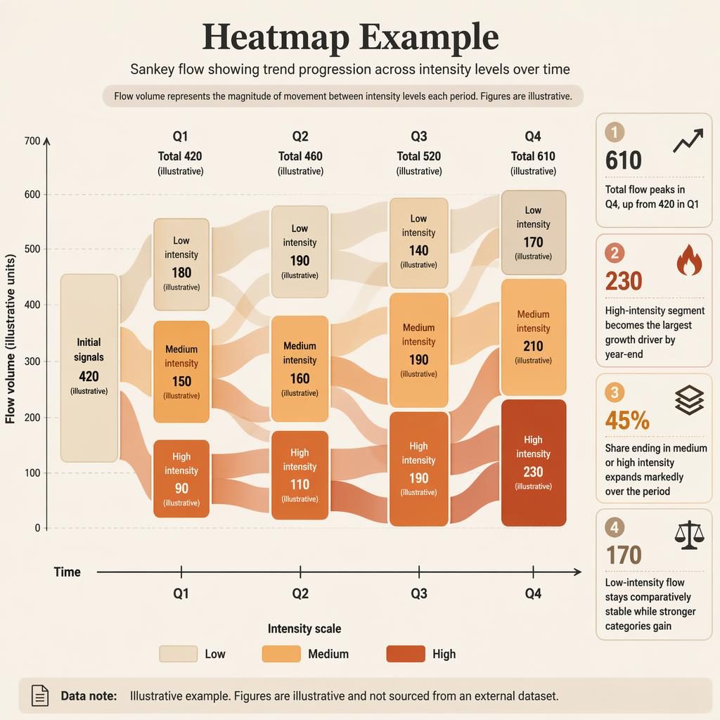 Editorial sankey infographic with Q1–Q4 time axis, intensity nodes, heatmap legend, and four insight callouts in warm beige.