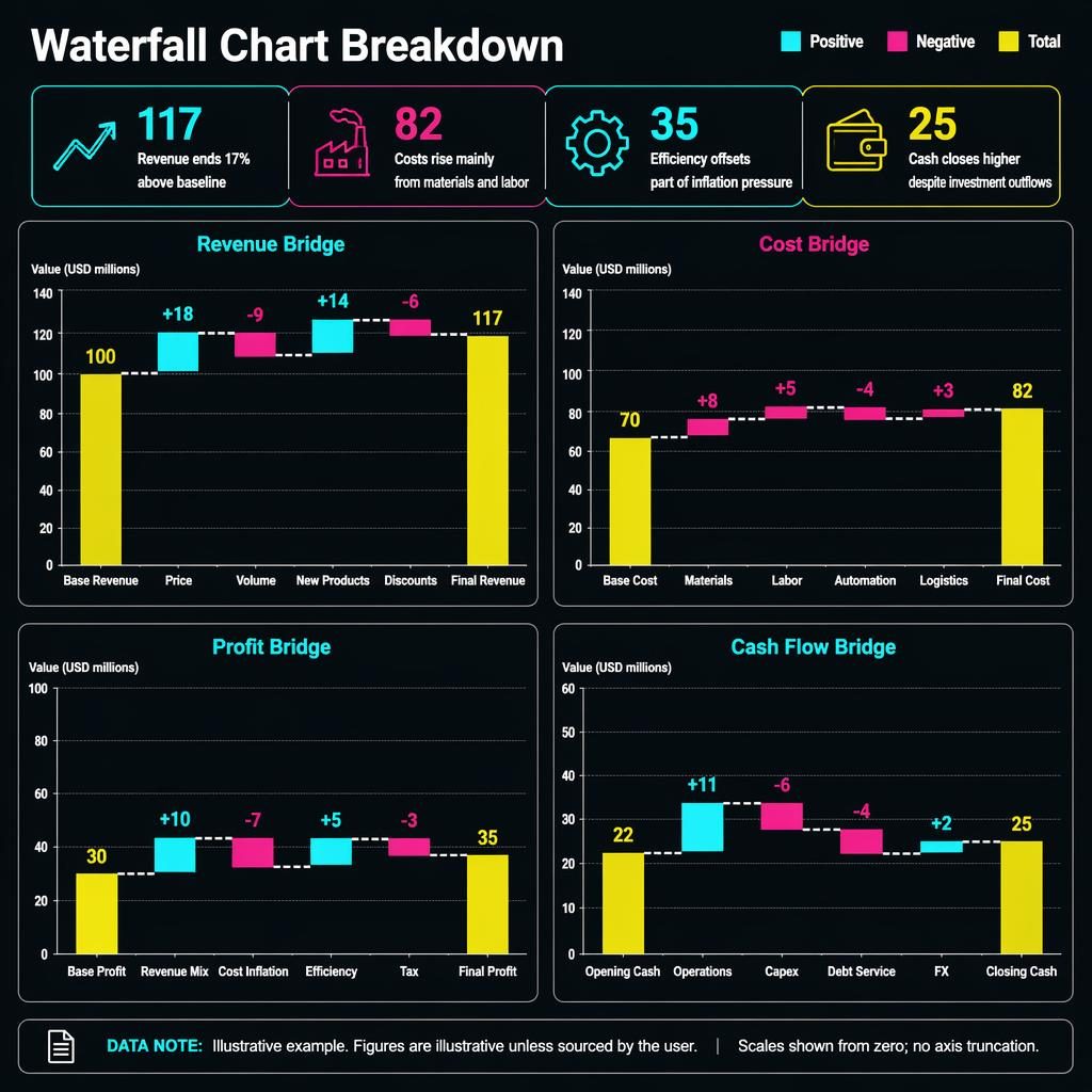 Dark-mode 2x2 grid infographic of waterfall charts for revenue, cost, profit, and cash flow with neon callouts and legend.